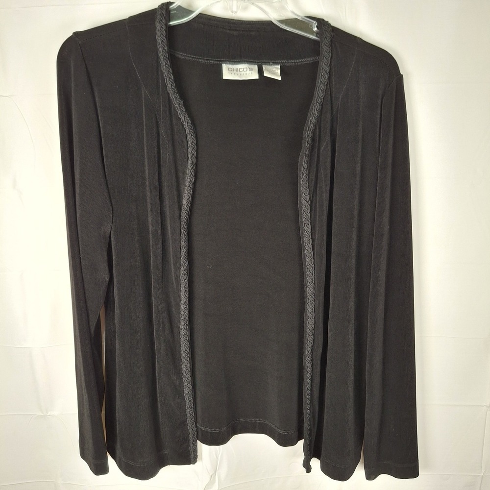 Chicos Travelers‎ Open Cardigan Top Womens 1 Medium Slinky Embellished Black